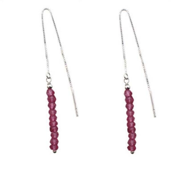 SILVER RUBY BEADS THREAD EARRINGS