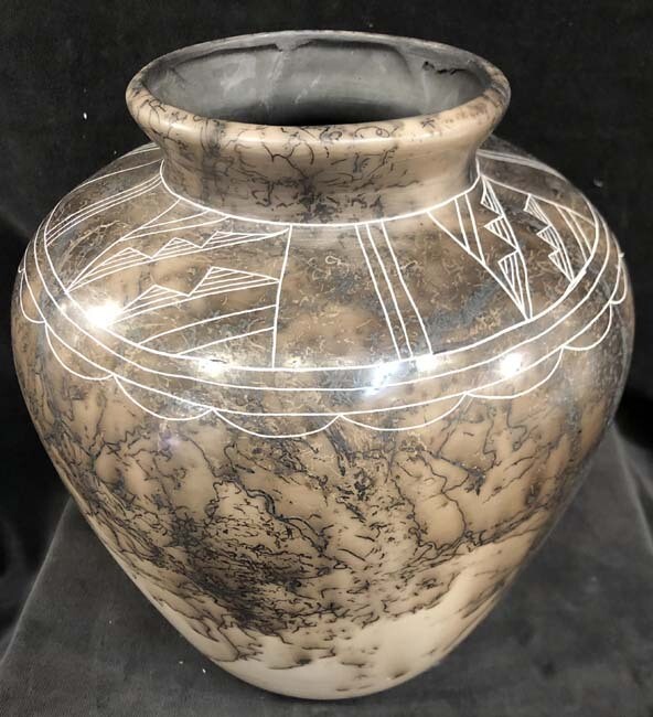 &quot;GEO SCALLOP POT&quot; Horsehair Pottery NHP44 10X8