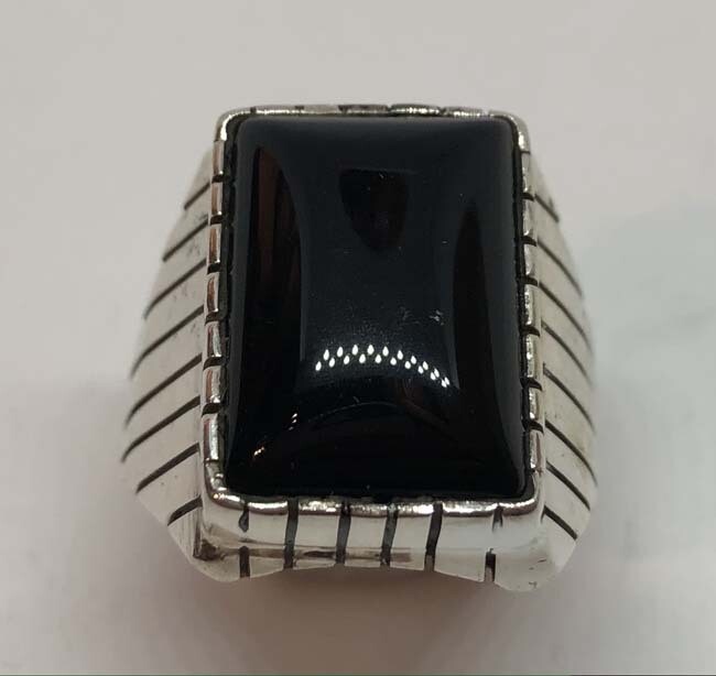 SILVER ONYX RING NAVAJO - TREVOR JACK - SIZE 12