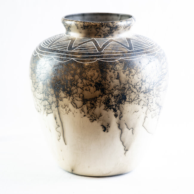 &quot;V-ETCHED VASE&quot; Horsehair Pottery NHP56 10.5X8.5