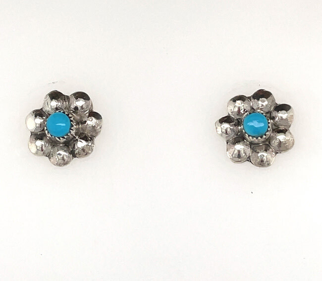 SILVER TURQUOISE FLOWER STUD EARRINGS ZUNI-RONALD YATSATTIE