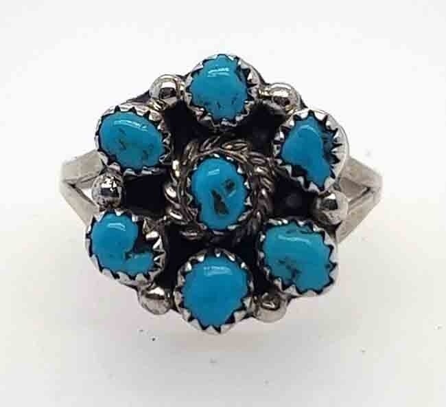 SILVER TURQUOISE FLOWER RING ZUNI-TRICIA LEEKETY - SIZE 9