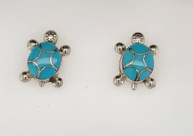 SILVER INLAY TURTLE EARRINGS ZUNI - AMIELDA PEYNETSA