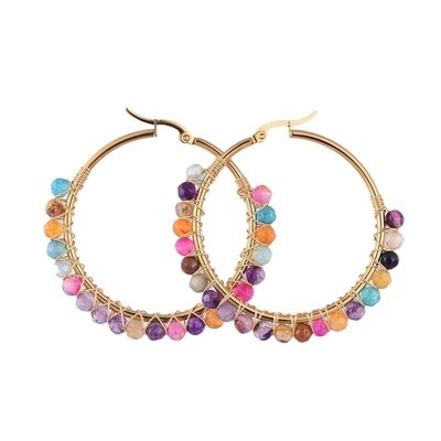 GOLD STAINLESS AGATE HOOP EARRINGS FJE146