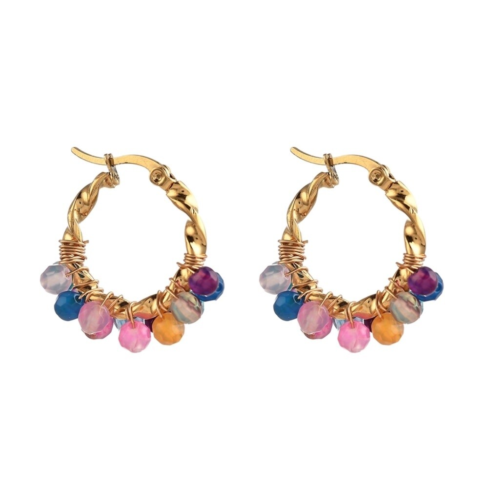 GOLD STAINLESS AGATE HOOP EARRINGS FJE141