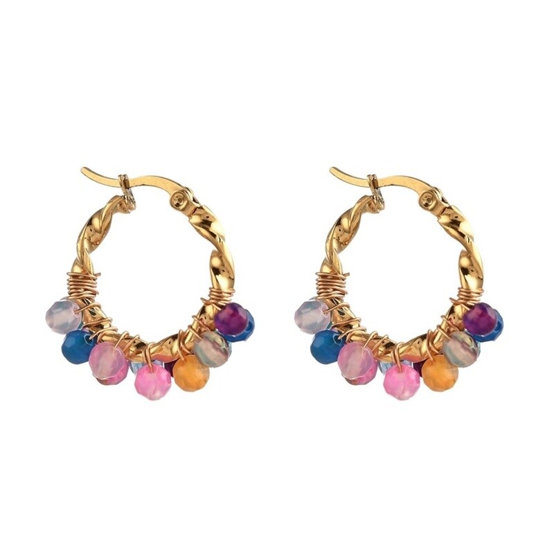 GOLD STAINLESS AGATE HOOP EARRINGS FJE141