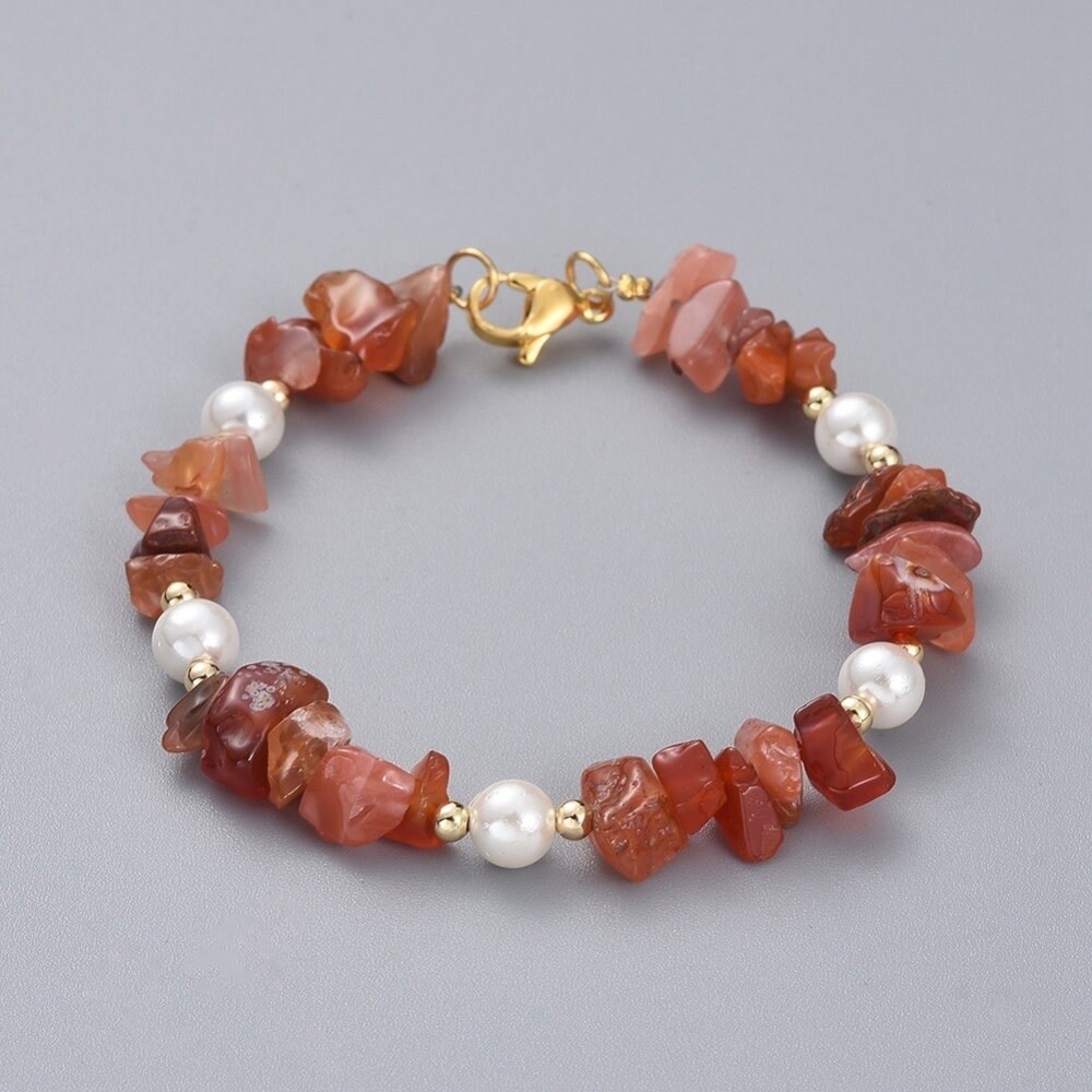 GOLD STAINLESS CARNELIAN &amp; PEARL BRACELET FJB108