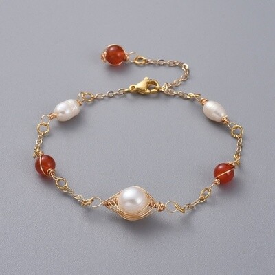 GOLD STAINLESS CARNELIAN &amp; PEARL BRACELET FBJ110