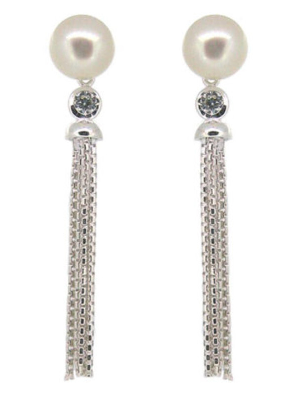 SILVER PEARL &amp; CZ TASSEL EARRINGS