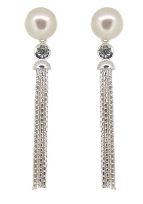 SILVER PEARL &amp; CZ TASSEL EARRINGS