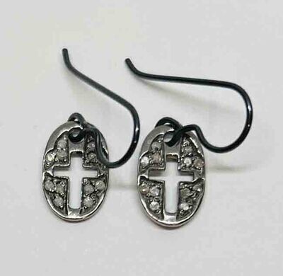 RHODIUM SILVER DIAMOND CROSS EARRINGS ASE156