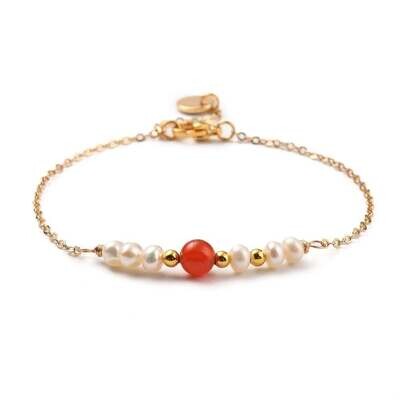 GOLD STAINLESS CARNELIAN &amp; PEARL BRACELET FJB109