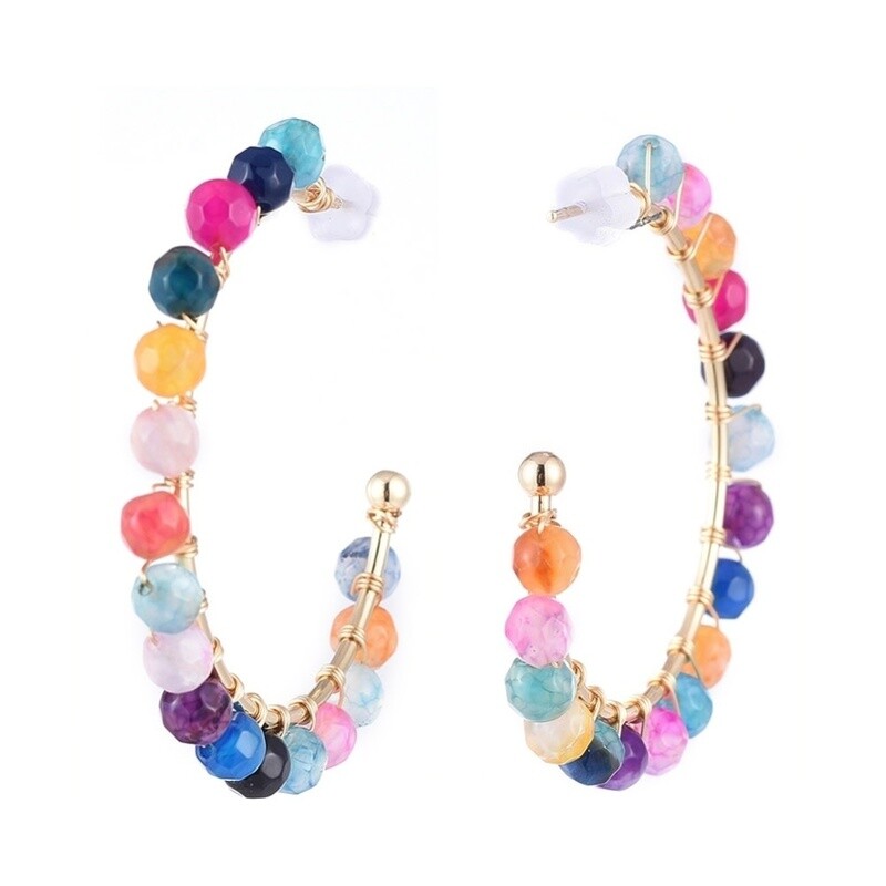 GOLD STAINLESS AGATE HOOP EARRINGS FJE144