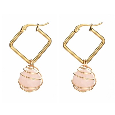 GOLD STAINLESS ROSE QUARTZ EARRINGS FJE139