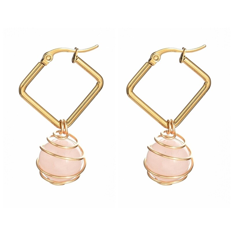 GOLD STAINLESS ROSE QUARTZ EARRINGS FJE139