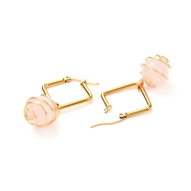 GOLD STAINLESS ROSE QUARTZ HOOP EARRINGS