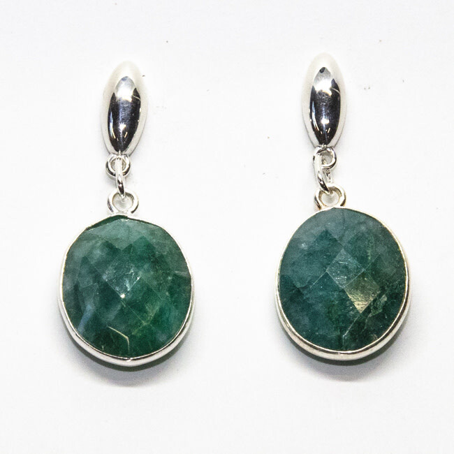 SILVER EMERALD OVAL POST EARRINGS