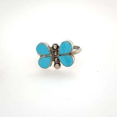 SILVER TURQUOISE BUTTERFLY RING ZUNI-SWAIN CHARLIE - SIZE 7