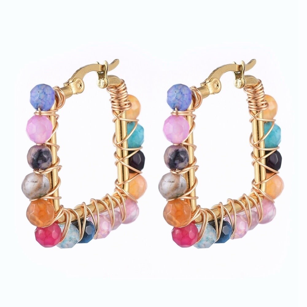 GOLD STAINLESS AGATE HOOP EARRINGS FJE142