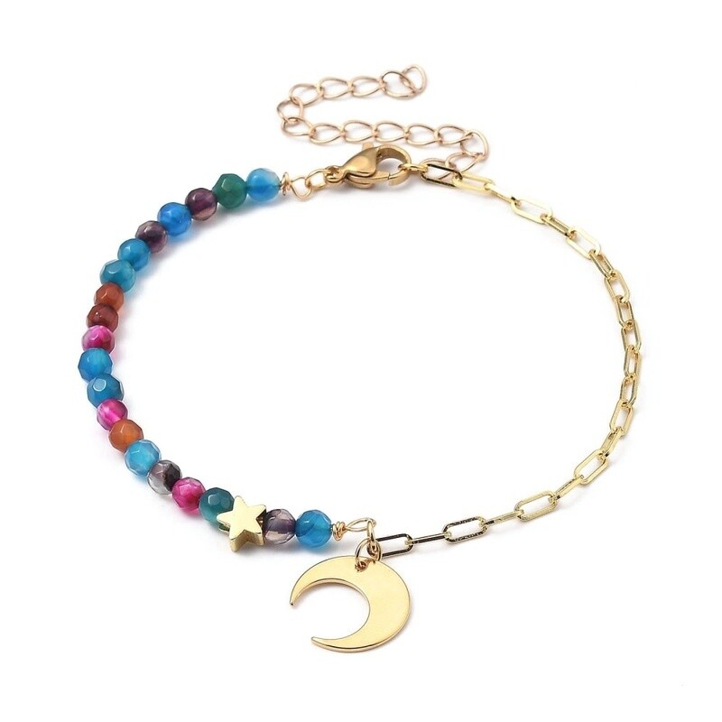 GOLD STAINLESS AGATE &amp; CHAIN BRACELET FJB104