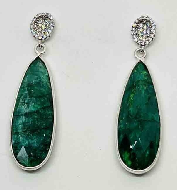 SILVER EMERALD TEARDROP &amp; CZ EARRINGS