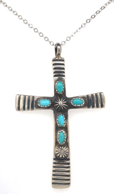 SILVER TURQUOISE CROSS PENDANT NAVAJO - MARTHA CAYANCITO