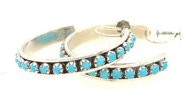 SILVER TURQUOISE HOOP SCREW-BACK EARRINGS NAVAJO-ANNIE SPENCER