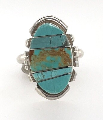 SILVER TURQUOISE RING NAVAJO-BRANDON ETCITTY - SIZE 8