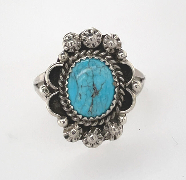 SILVER TURQUOISE RING NAVAJO-FREDA MARTINEZ - SIZE 7