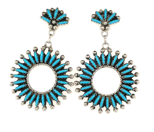 SILVER NEEDLE POINT TURQUOISE EARRINGS  ZUNI-CARLA LACONSELLO