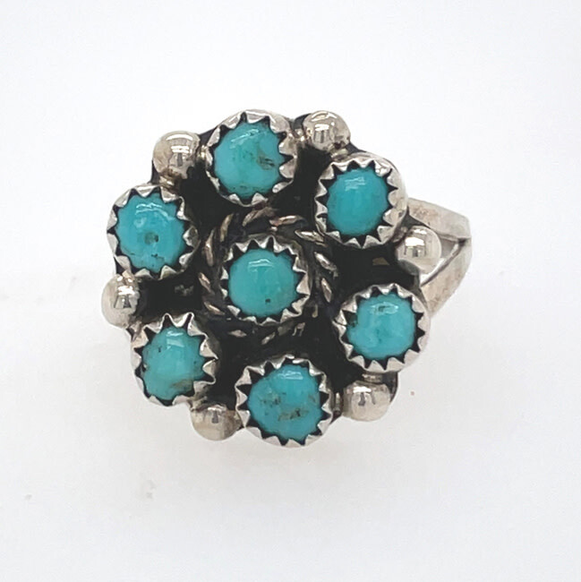 SILVER TURQUOISE FLOWER RING ZUNI-TRICIA LEEKETY - SIZE 7