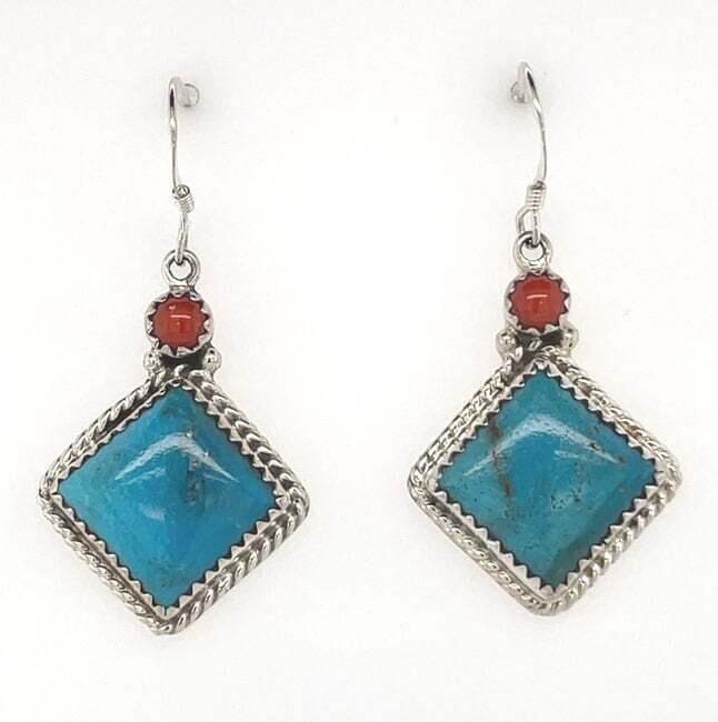 SILVER TURQUOISE &amp; CORAL EARRINGS NAVAJO-ANNIE SPENCER