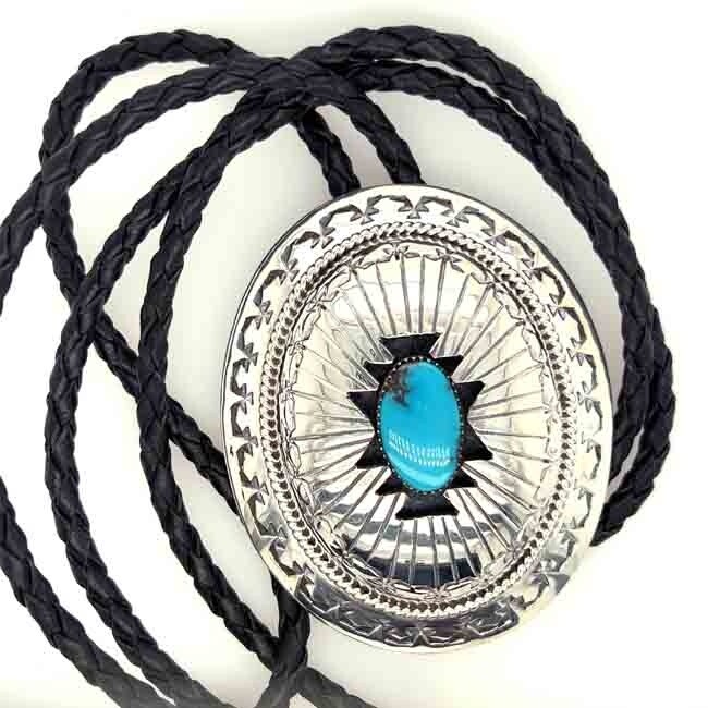 SILVER TURQUOISE BOLO TIE NAVAJO-WILBERT MUSKETT SR.