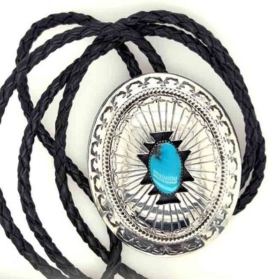 SILVER TURQUOISE BOLO TIE NAVAJO-WILBERT MUSKETT SR.