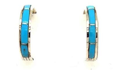 SILVER TURQUOISE INLAY HOOP EARRINGS ZUNI-DEB LIVINGSTON