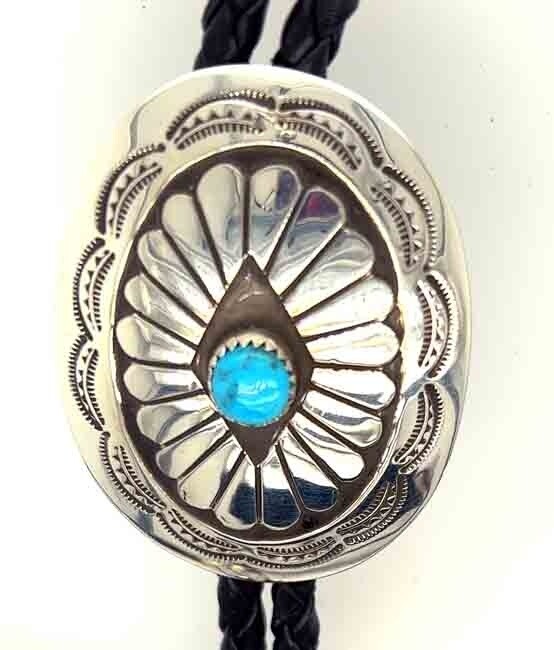 SILVER TURQUOISE BOLO TIE NAVAJO-JOLENE BEGAY