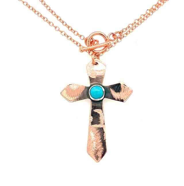 COPPER TEXTURED CROSS W/TURQUOISE NECKLACE KAN112