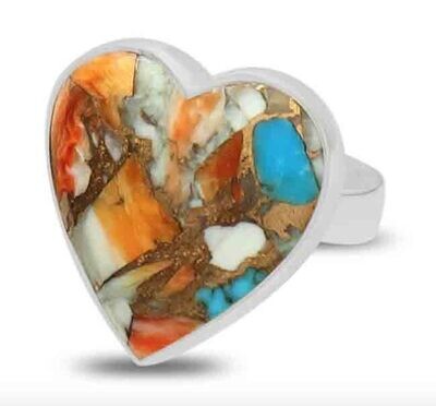 SILVER SPINY &amp; TURQUOISE HEART RING-ADJ