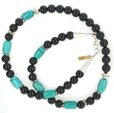 SILVER ONYX &amp; TURQUOISE BEAD NECKLACE NAVAJO - T&amp;R SINGER