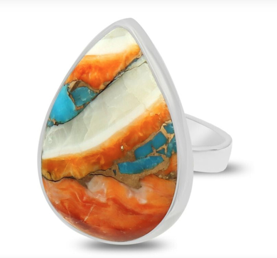 SILVER SPINY &amp; TURQUOISE TEARDROP RING - ADJ