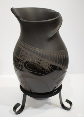 MATA ORTIZ BLACK SWIRL VASE-LYDIA QUEZADA CELADA-11&quot;  x  6&quot;