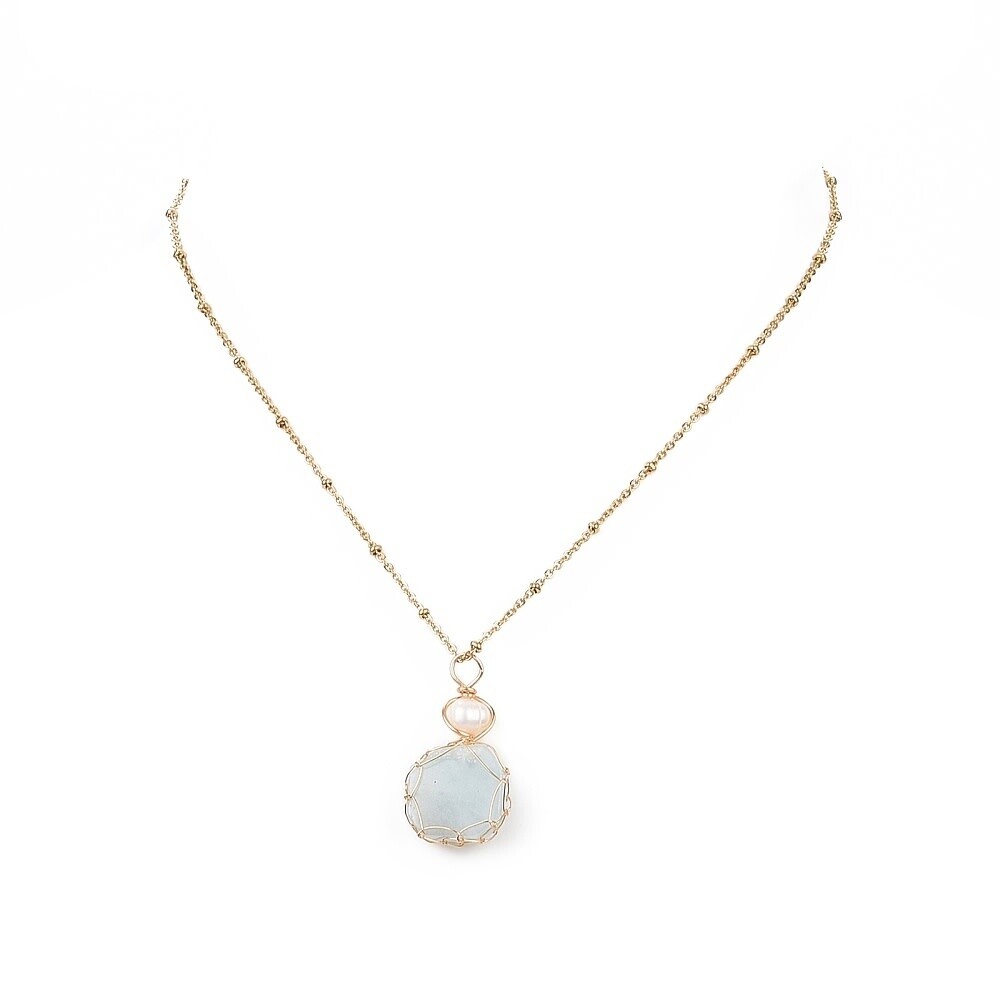 GOLD STAINLESS AQUAMARINE &amp; PEARL NECKLACE FJN143
