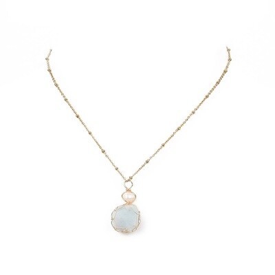 GOLD STAINLESS AQUAMARINE &amp; PEARL NECKLACE FJN143