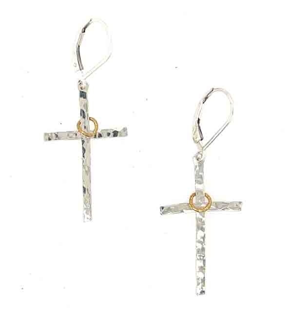 MIXED METALS HAMMERED CROSS EARRINGS