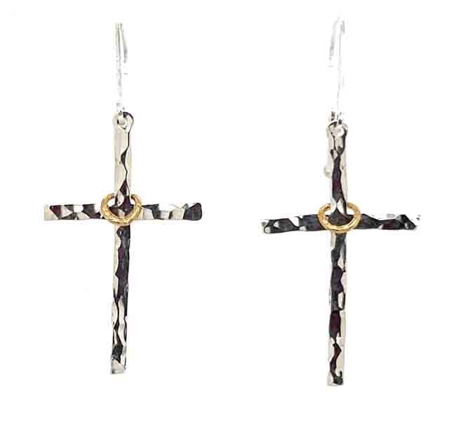 MIXED METALS HAMMERED CROSS EARRINGS