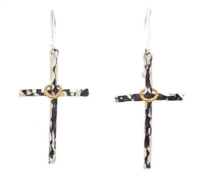 MIXED METALS HAMMERED CROSS EARRINGS
