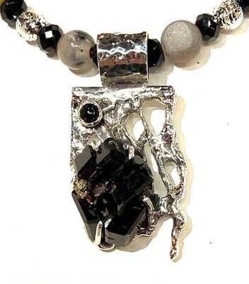 SILVER TOURMALINE &amp; ONYX CACTUS NECKLACE