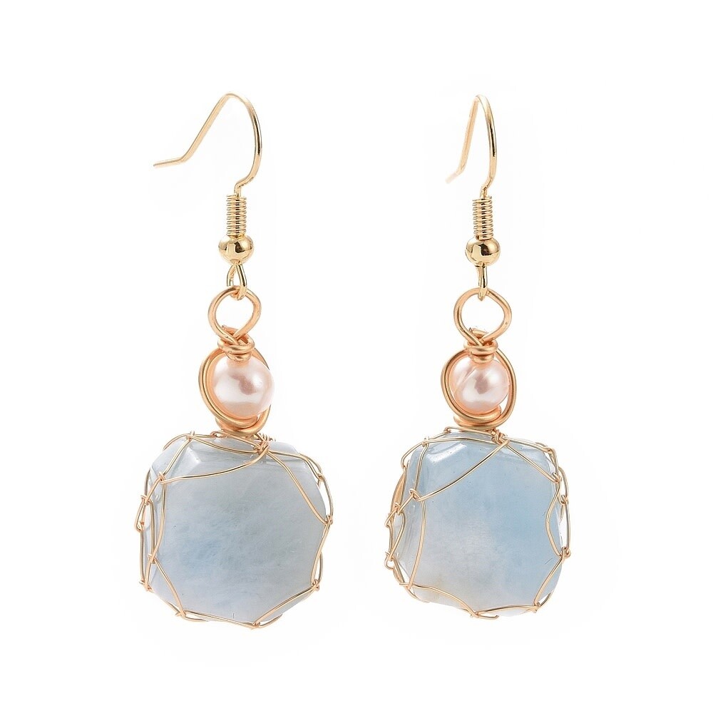 GOLD STAINLESS AQUAMARINE &amp; PEARL EARRINGS FJE185