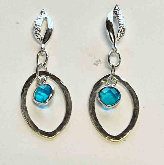 SILVER BLUE TOPAZ HAMMERED EARRINGS