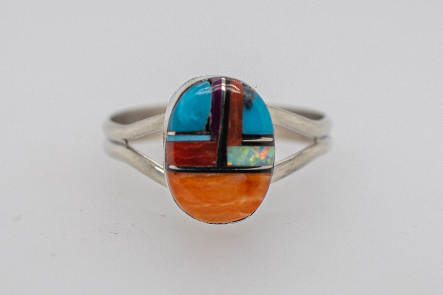 SILVER MULTI-STONE INLAY RING NAVAJO - VALERIE YAZZIE - SIZE 8.5
